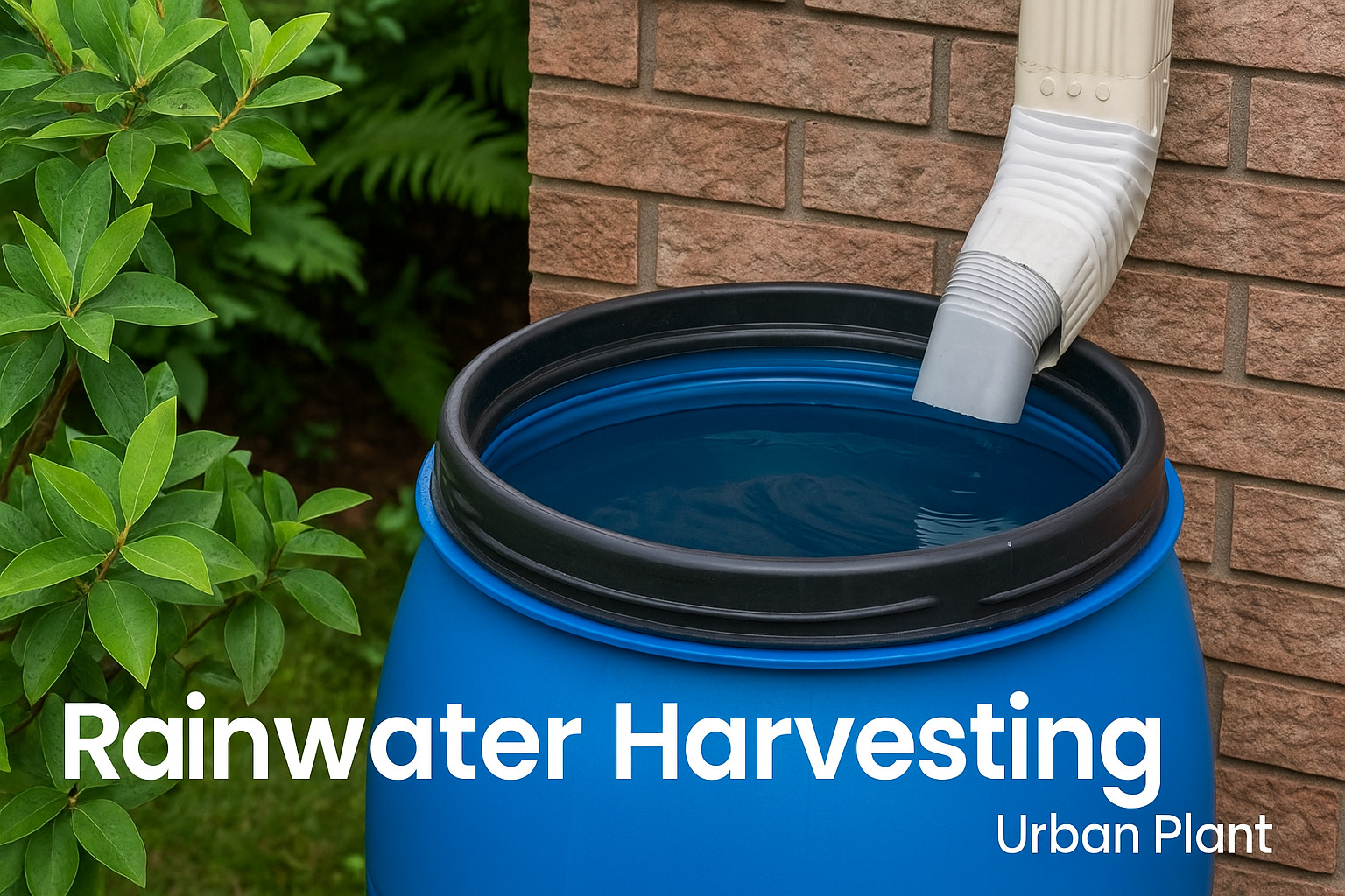 A rainwater harvesting system for hot gardening trends by Urban Plant showing a blue rain barrel collecting water from a downspout near garden greenery